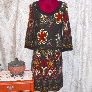 Funky People M Gray Scoop Neck Sweater Dress Bold Flowers